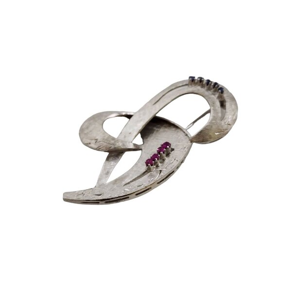 Vintage Beautiful 18kt/750 White Gold Ruby Sapphire Modernist Brooch (A1641) - Picture 4 of 6